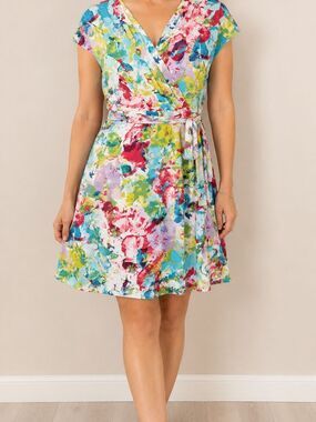 212 Collection Floral Faux Wrap Dress Large Multicolor Short Sleeve Fit & Flare